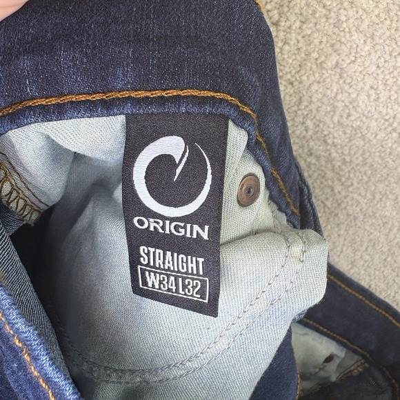 Origin Jeans Mens Size 34x 32 Dark Blue Straight Leg Made in USA Stretch Denim - Picture 2 of 8